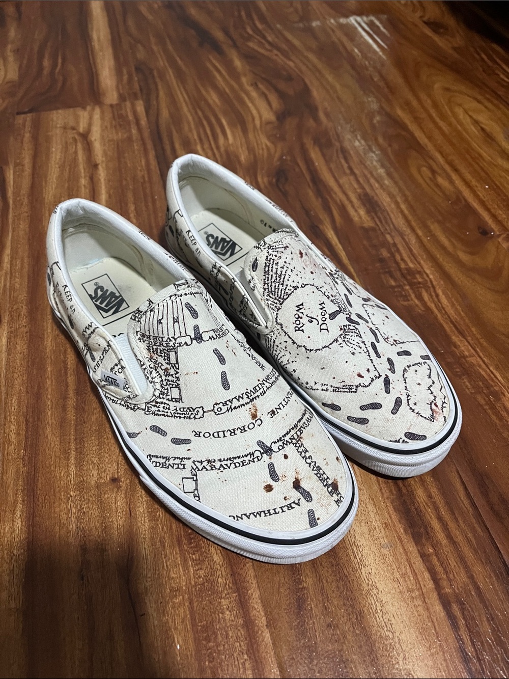 Vans White Canvas Slip-On Sneakers with Brown/Black Graphic Print